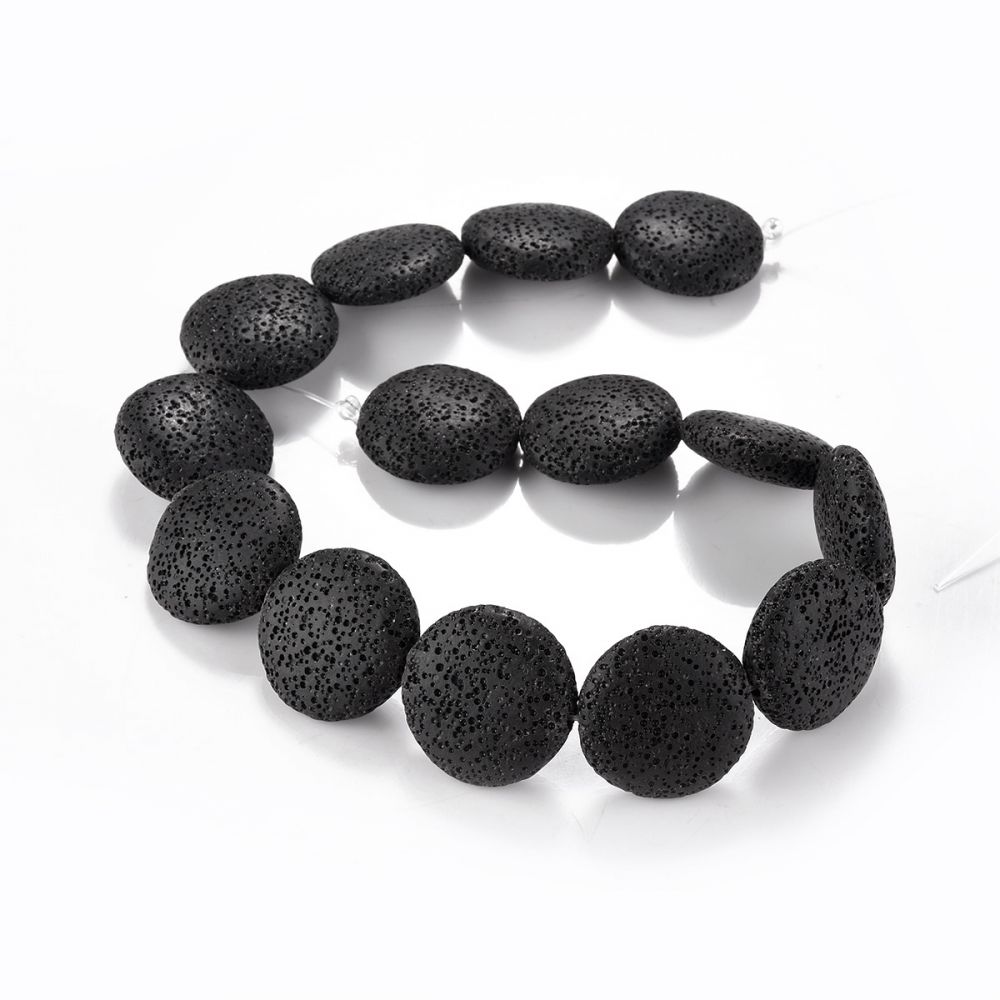 27mm Coin Shape Black Lava Rock Beads Strand 15 Inch Jewelry