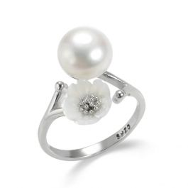 White Flower Sterling Silver Pearl Open Adjustable Ring for Ladies
