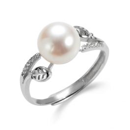 925 Sterling Silver Freshwater Pearl Adjustable Ring with Rhinestone