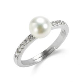 Silver Half Eternity Band Solitaire Pearl Accent Stack Ring for Women ...