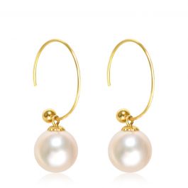 18K Gold Circle Wire Hoop Earrings with 7.5-8mm Saltwater Pearl for ...
