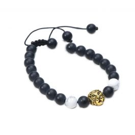 Matte Black Onyx and White Howlite Beads Braided Bracelet with Lion Head