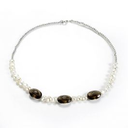 White Freshwater Pearl and Smoky Quartz Coil Necklace Silver Plated ...