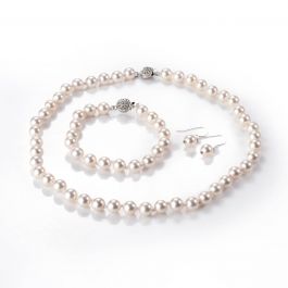 8mm Round White Shell Pearl Necklace Bracelet Earrings 3 Piece Jewelry ...