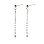 Sterling Silver Simple Pearl Earrings Line Setting Drop Dangling Chain with Bead Cup Bail Pin