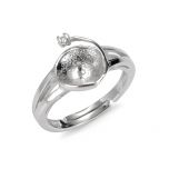 Simple Sterling Silver Adjustable Pearl Ring Mounting with Single Clear Rhinestone Inlaid