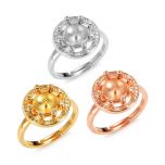Shiny Halo Style Rhinestone Round Rings Base for Pearl Sterling Silver Adjustable