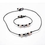 Simple Design Triple Pearl and Leather Choker Necklace and Matching Bracelet Costume Jewelry