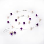 Freshwater Pearl and Purple Dragon Veins Agate Stone Beads Tin Cup Necklace Bracelet Earring 3 Jewelry set