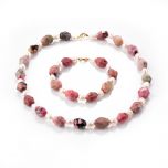 Faceted Rhodochrosite Stone and White Rice Pearl Beads Single Strand Necklace Bracelet