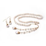White Freshwater Pearl Backdrop Necklace with Wrapped Coin Pearl Dangle Earrings
