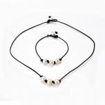 9-10mm White Freshwater Round Pearls Knotted on Leather Cord Necklace and Bracelet Jewelry Set