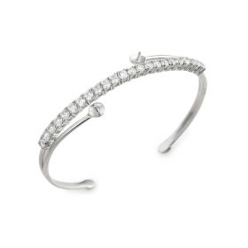 Simple Shiny Zircon Cuff Bangle 925 Sterling Silver Bracelet with 2 Blank Beads Base
