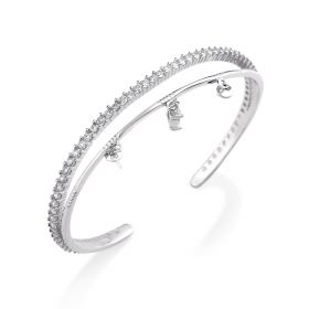 Simple Style Pearl Mounting Zircons 925 Silver Cuff Bangle with 2 Blank Base