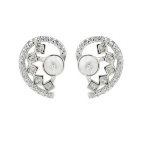 Shining Symmetrical Half Cut Heart Pearl Earrings Findings 925 Silver Zircon Ear Stud