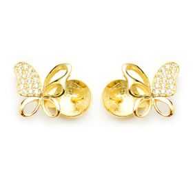 	 925 Silver Pave CZ Hollow Cut Butterfly Gold Stud Earring Findings 9EM22
