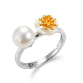 Sterling Silver Flower Cultured Pearl Adjustable Rings for Women Girls