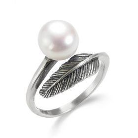 White Pearl Sterling Silver Antique Feather Bypass Style Rings
