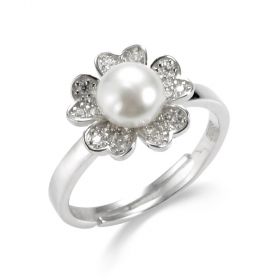 Rhinestone Flower Sterling Silver Pearl Adjustable Rings for Women Girls Gifts