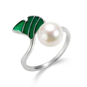 Green Leaf Sterling Silver Bypass Pearl Adjustable Rings for Young Girls