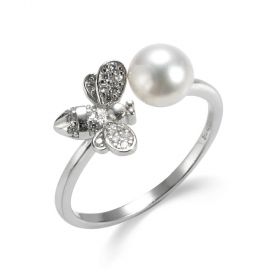 Dainty Pearl Honey Bee Sterling Silver Adjustable Ring for Women Girls