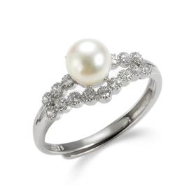 Sterling Silver Rhinestone Accented Asymmetrical Pearl Ring