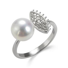 Rhinestone Eye Sterling Silver Pearl Opening Rings for Women Girls Gifts