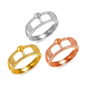 Rhinestone Inlay Sterling Silver Hollow Carved Band Ring Blank Base for Pearl Jewelry DIY