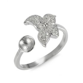 Shiny Rhinestone Flower Opening Bypass Ring Setting Sterling Silver Pearl Mountings