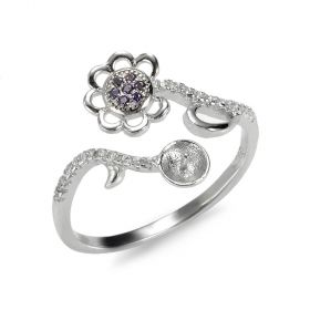Purple Rhinestone Flower Bypass Ring Base Sterling Silver Opening Pearl Ring Setting