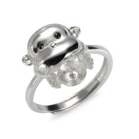 Cute Monkey Animal Ring Sterling Silver Adjustable Band with Pearl Seat for DIY Jewelry Making