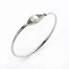 Lotus Leaf 925 Sterling Silver Bangle 8-9 mm Round White Pearl Jewelry Setting