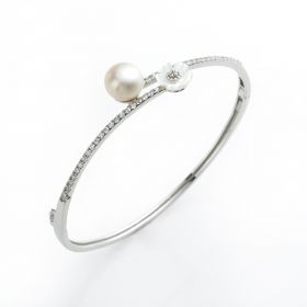 Flower White Shell CZ Pave 925 Silver Bangle White Pearl 8.5-9 mm 