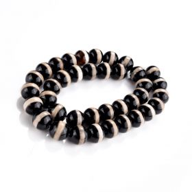 Round Smooth Tibetan Agate Dzi Beads One White Line Pattern Stripe Black Onyx Beads 15" Strand