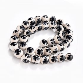 Smooth White Black Agate Stone Tibetan Dzi Beads Lucky Clover Pattern 15"
