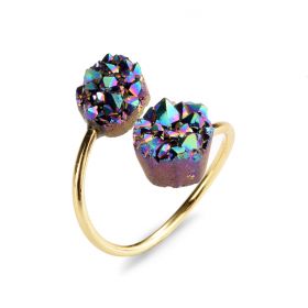 Double Irregular Agates Druzy Stone Adjustable Rings Gold Plated Brass Band