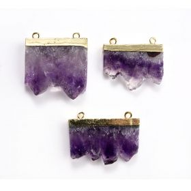 Amethyst Druzy Slice Pendant Stone Rectangle Geode Connector Gold Plated Edge Double Bail for Necklace