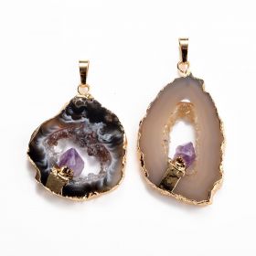 Amethyst Geode Agate Druzy Slice Pendants with Gold Plated Brass Edge and Bail