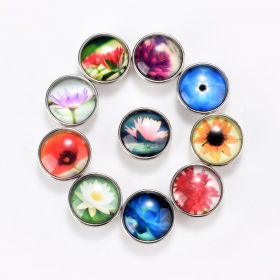Alloy & Glass Snap Buttons Fit Snap Button Jewelry Round At Random Flower Pattern 18mm