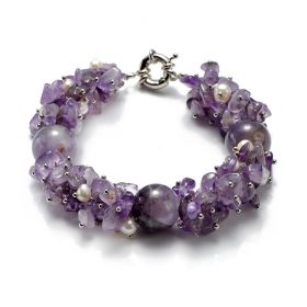 16mm Round Amethyst with Chips Freshwater Pearl Bracelet 