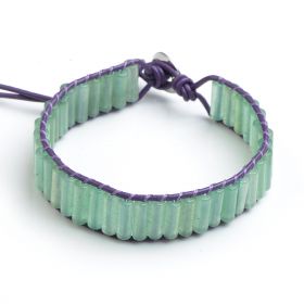 Column Green Aventurine Beads on Purple Leather Single Wrap Bracelet CLL121