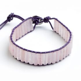 Column Rose Quartz Beads on Purple Leather Single Wrap Bracelet CLL122