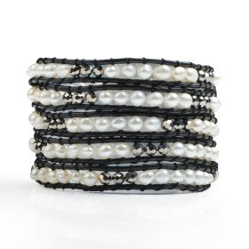 Fashionable 5-Wrap Leather Bracelet White Freshwater Pearls Mixed Silver-Black Crystal Beads