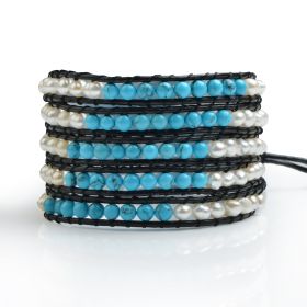 Handmade White Freshwater Pearls Mix Blue Turquoise Beaded 5 Layers Bracelet