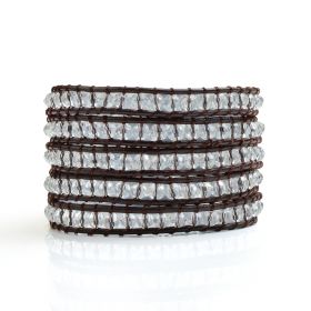 Women Handmade 5 Wrap Clear Crystal on Cowhide Leather Stackable Bracelet Metal Button Clasp