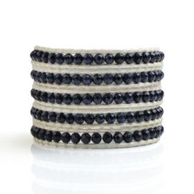Fashion Blue Goldstone Beaded Stackable 5 Wrap Bracelet Handmade on Cowhide Leather