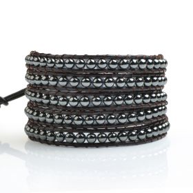 Fashionable 4mm Smooth Round Hematite Beads on Cowhide Leather 5 Wrap Bracelet