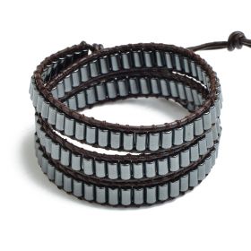 Column Black Hematite Stone 3 Wrap Bracelet Leather Beaded Cuff Bangle