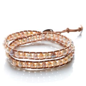2 Strand Wrap Bracelet 5-6mm Potato Multi color Freshwater Pearls Beaded on Leather