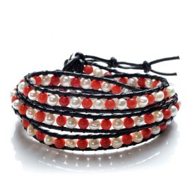 4-5mm Freshwater White Pearls and Coral Beads Leather Charming 3 Wrap Bracelet Adjustable